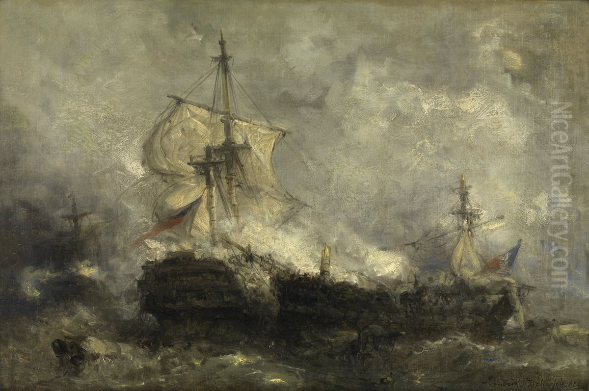 A Naval Battle Oil Painting by Hendrik Frans Schaefels