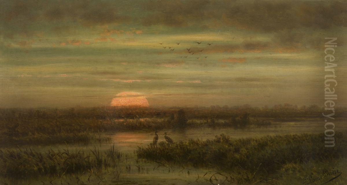 Landscape with Herons at Sunset Oil Painting by Jean Pierre Francois Lamoriniere
