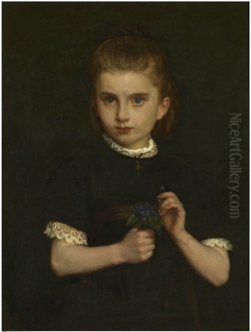 Girl holding a bouquet of violets Oil Painting by Eugene Siberdt