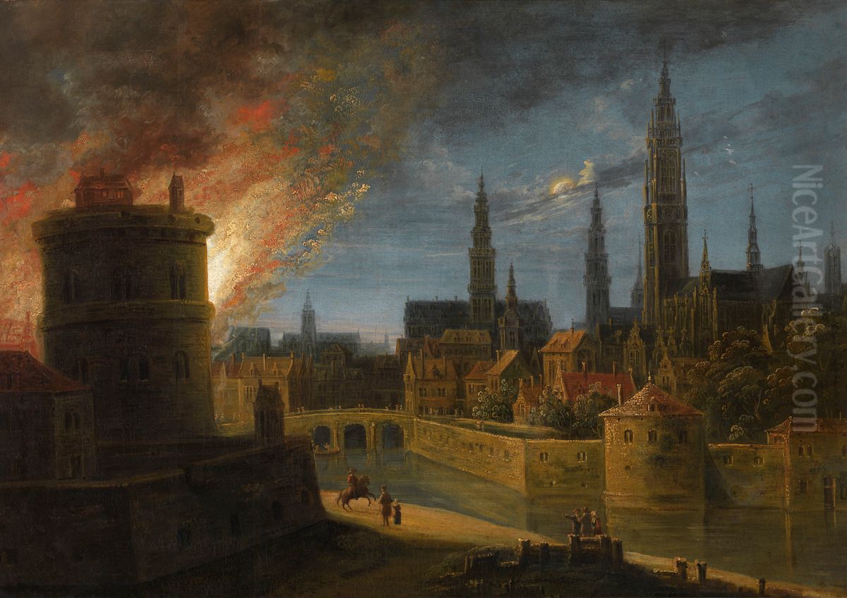Fire in Antwerp Oil Painting by Daniel van Heil