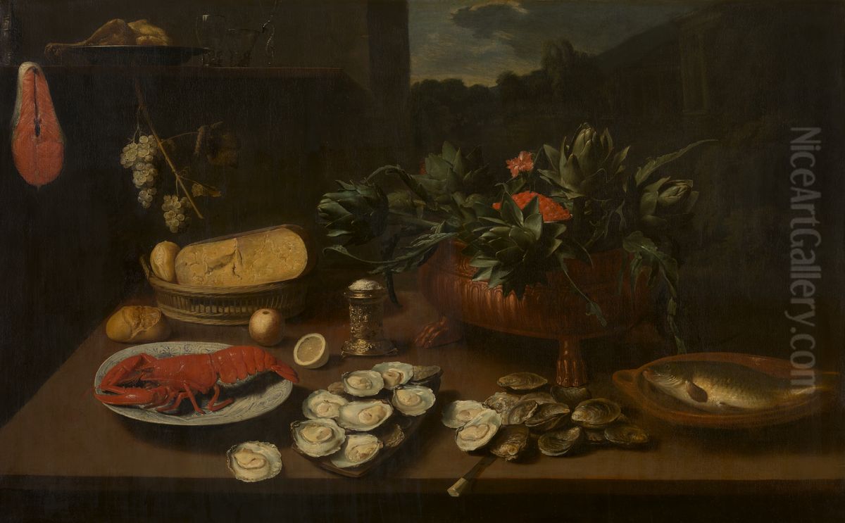 Stilleven van kreeft, oesters, kaas en artisjokken in een koelvat Oil Painting by Jacob van Es