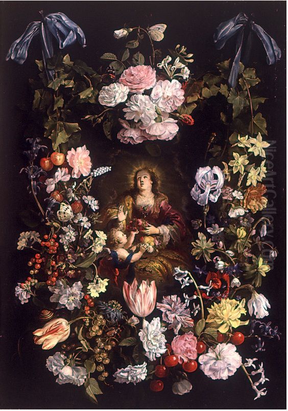 De heilige Dorothea in een bloemenkrans Oil Painting by Philips de Marlier