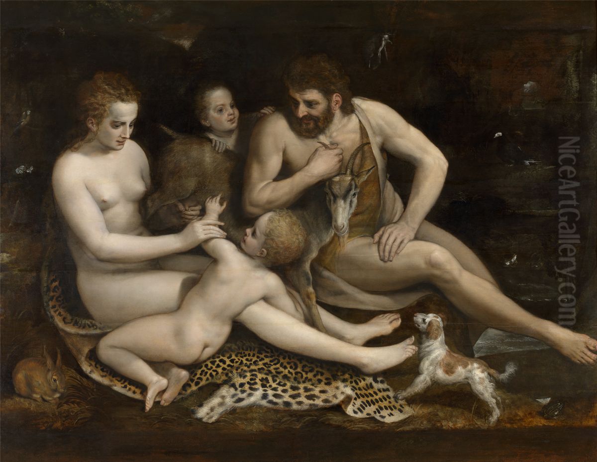 Adam and Eve and their Children Oil Painting by Frans Floris I