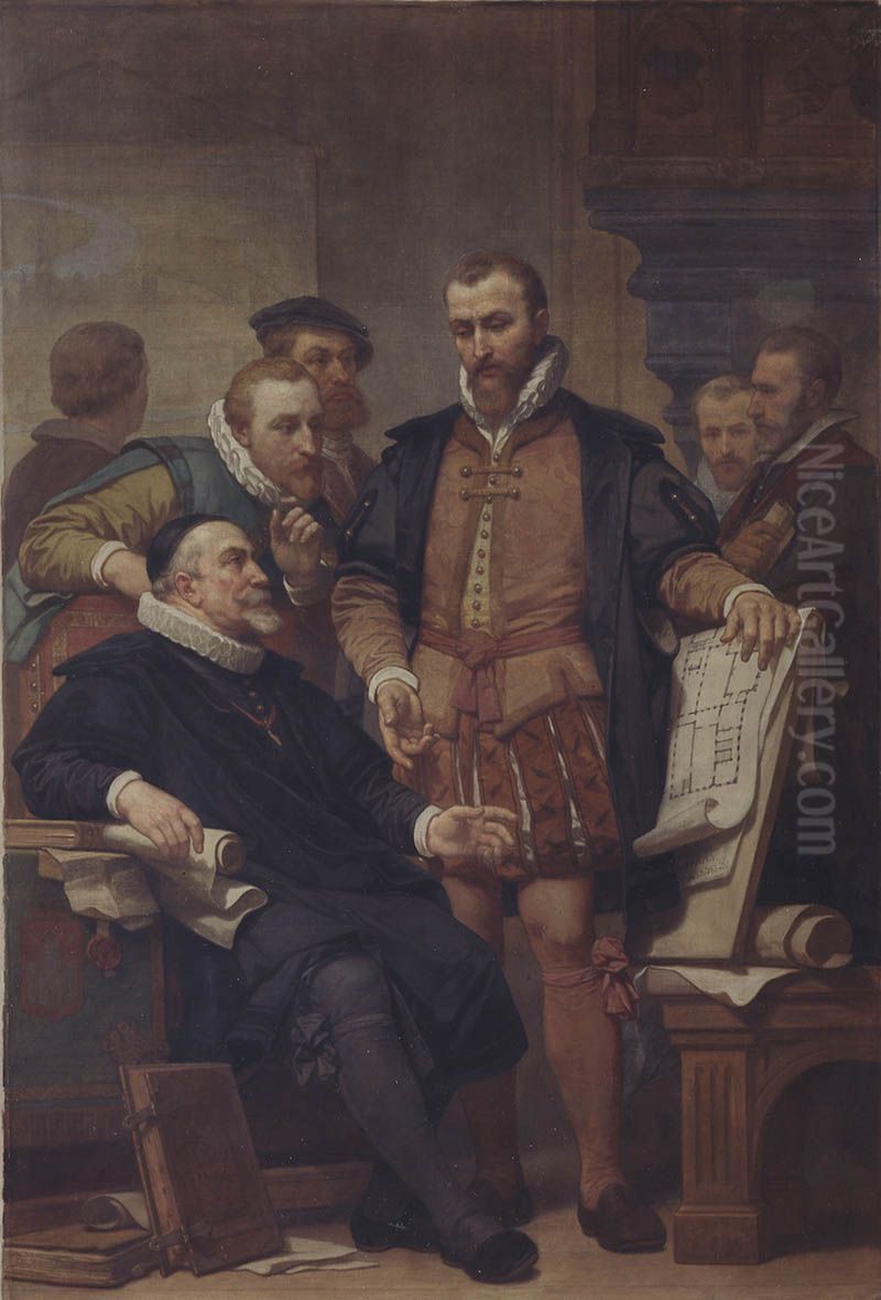 Cornelis Floris II Shows the Plan of the Town Hall Oil Painting by Nicaise de Keyser
