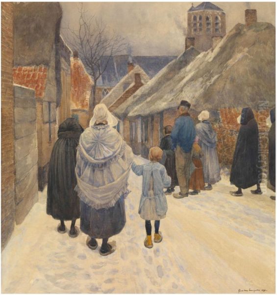 Zondagmorgen in de winter Oil Painting by Frans Van Leemputten