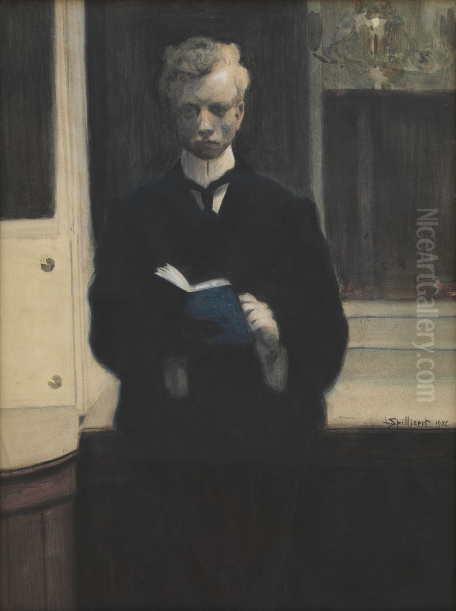 Zelfportret met blauw schetsboek Oil Painting by Leon Spilliaert