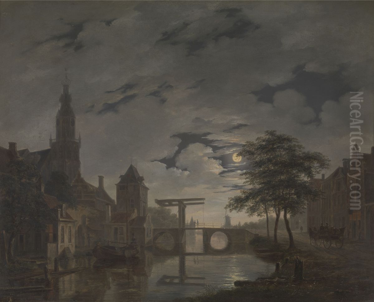 Dutch Town by Moonlight Oil Painting by Bartholomeus van Hove