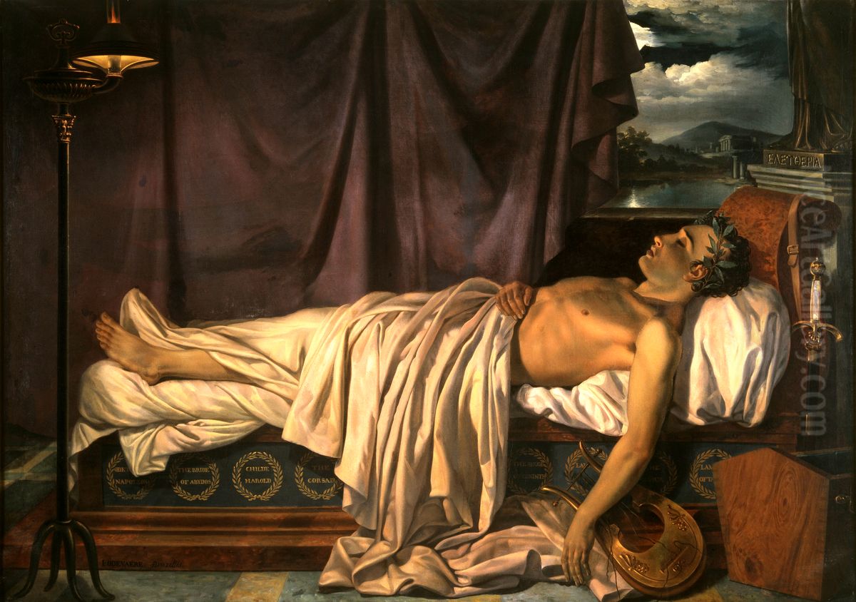 Lord Byronon his Death-bed Oil Painting by Joseph Dionysius Odevaere