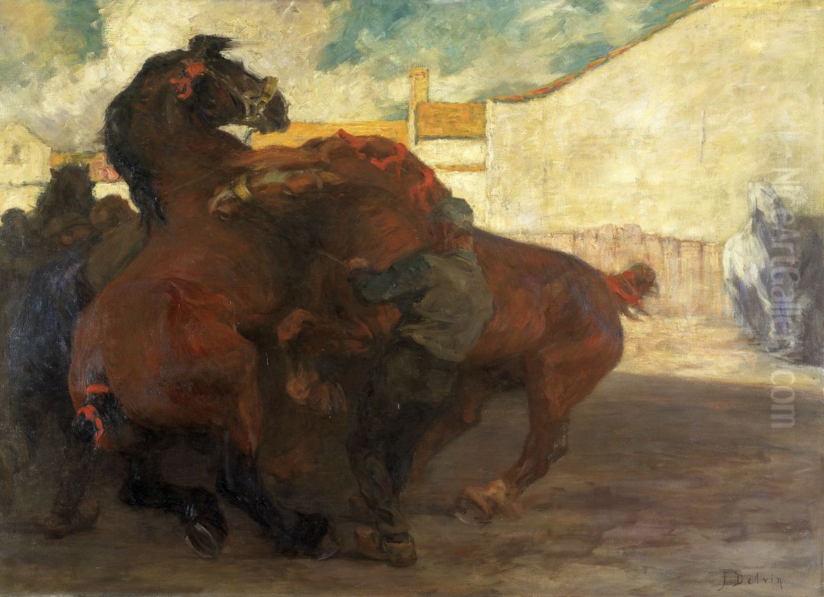 Horse Fight Oil Painting by Jean Delvin Horse Fight Oil Painting by Jean Delvin