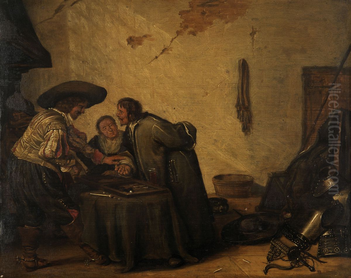 Company playing backgammon in an interior Oil Painting by Pieter Codde