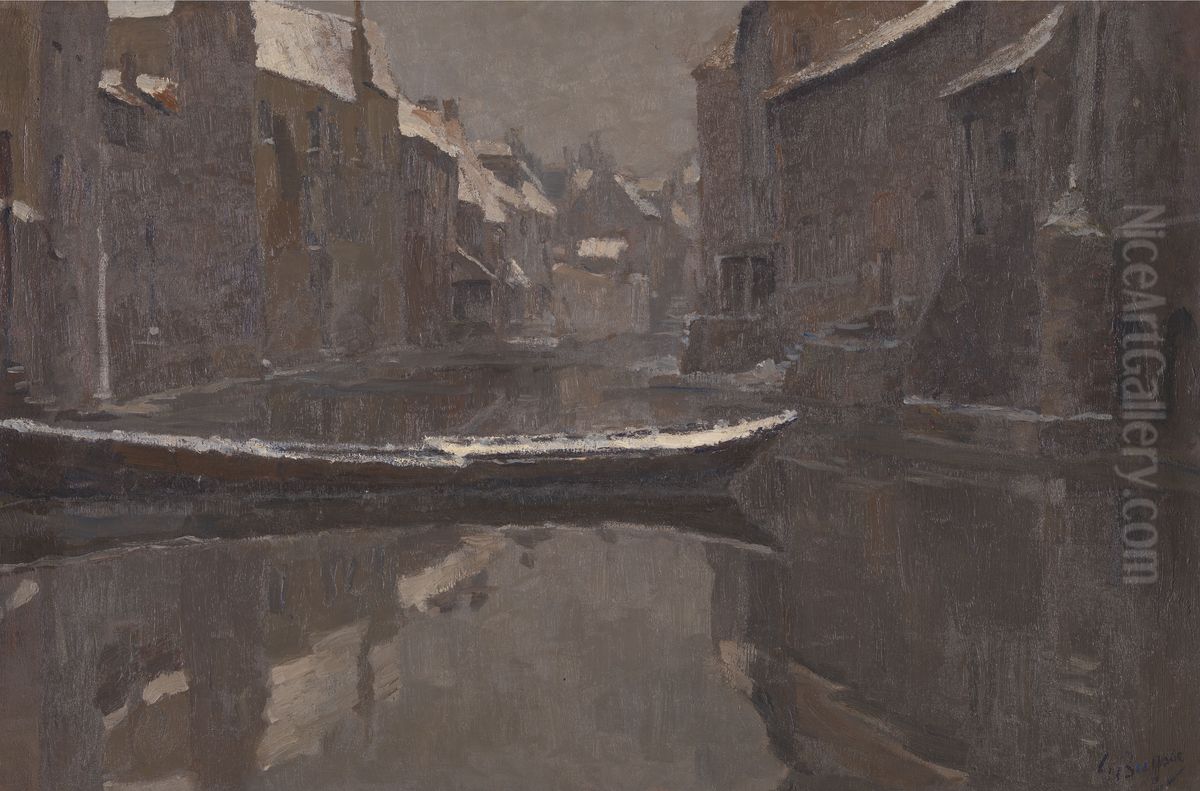 Old Canal at Ghent in Winter Oil Painting by Georges Buysse