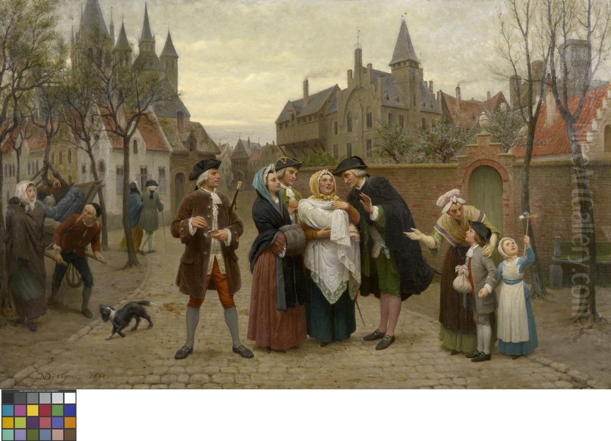 A Baptism in Flanders in the 18th Century Oil Painting by Felix De Vigne