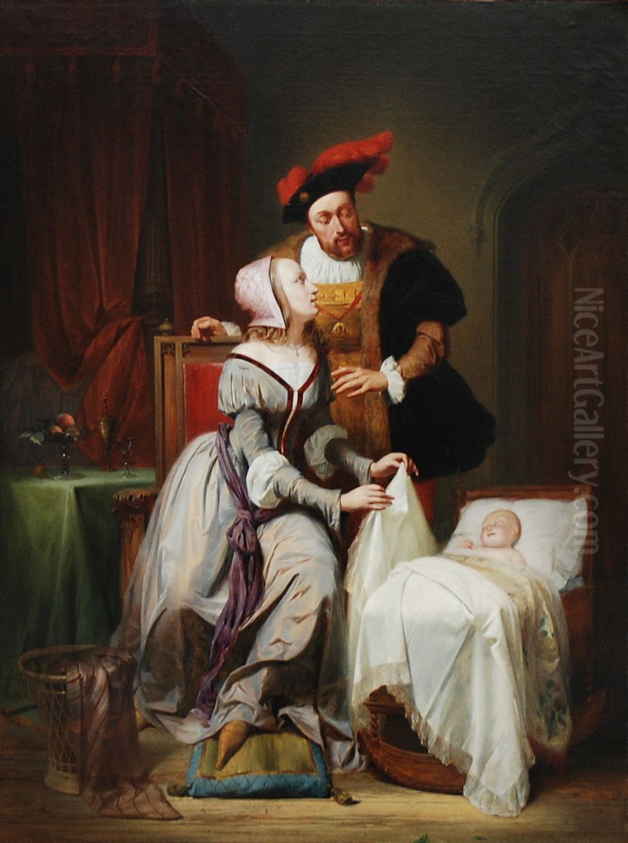 Emperor Charles and His Mistress Johanna Van der Gheynst at the Cradle of their Daughter Margaret Oil Painting by Theodore-Joseph Canneel Emperor Charles and His Mistress Johanna Van der Gheynst at the Cradle of their Daughter Margaret Oil Painting by Theodore-Joseph Canneel