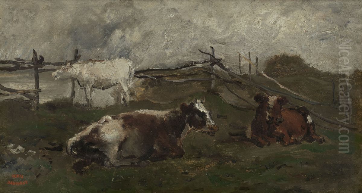 Cows in a Meadow Oil Painting by Charles-Francois Daubigny