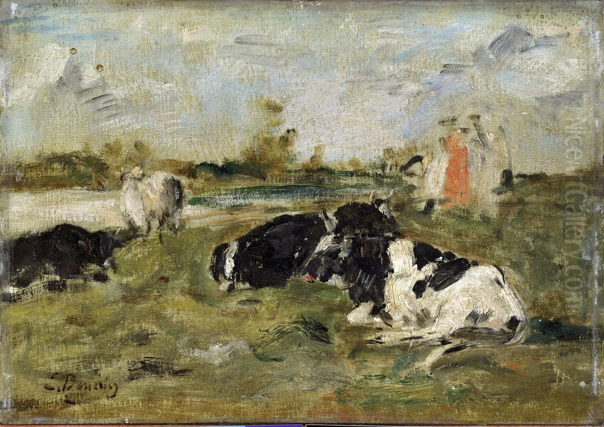 Cows in a Meadow Oil Painting by Eugene Louis Boudin