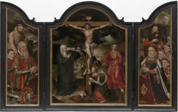 Christus aan het kruis met Maria, Johannes en Maria Magdalena Oil Painting by Pieter Claeissens the Elder