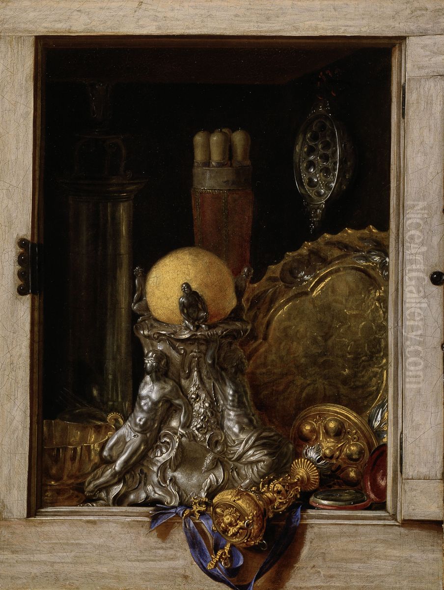 Trompe l'oeil of an open cupboard with precious vessels Oil Painting by Cornelis Norbertus Gijsbrechts