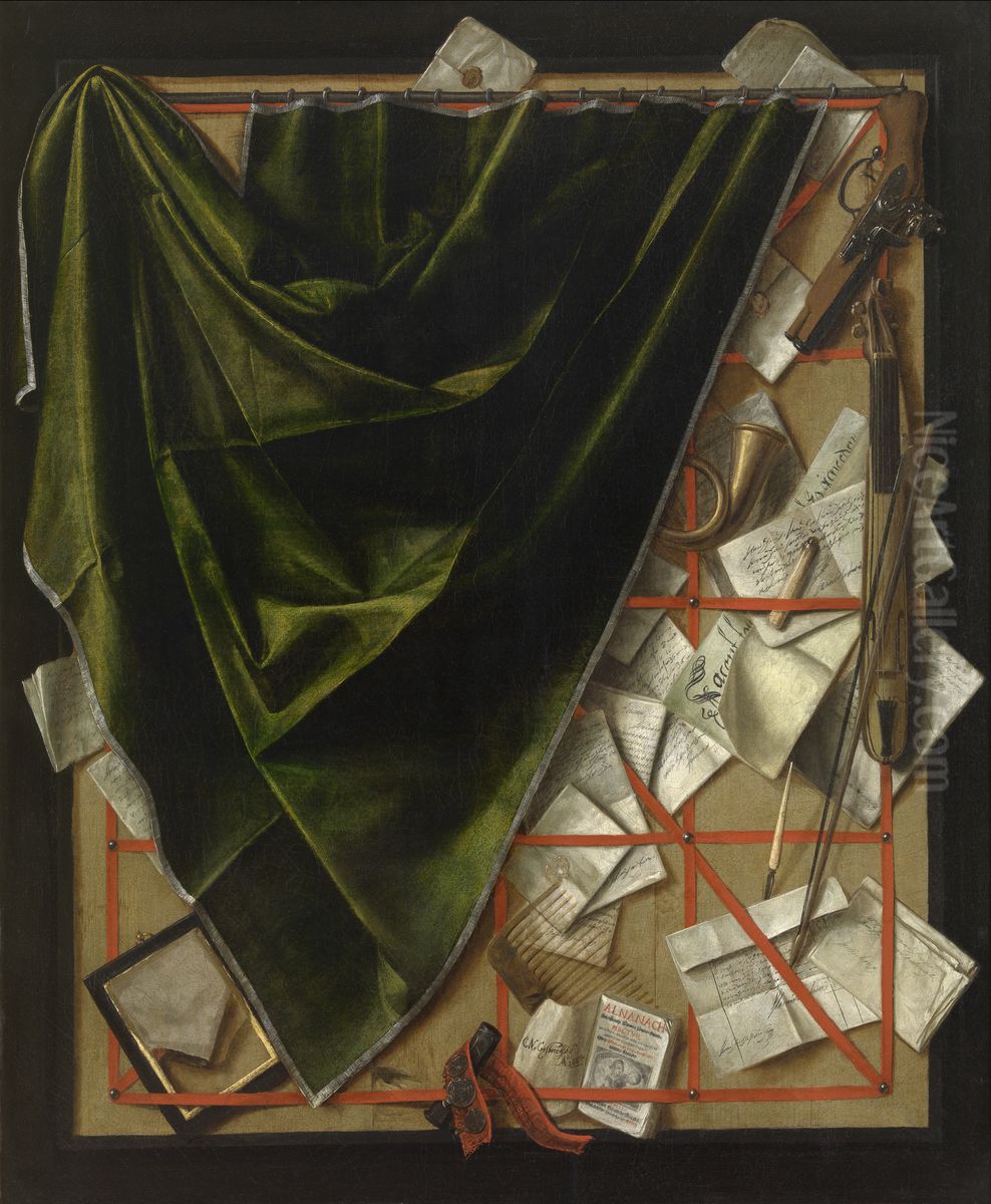 Trompe l'oeil of a qoudlibet with violin, pistol and curtain to the left Oil Painting by Cornelis Norbertus Gijsbrechts