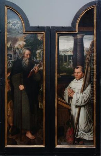 Wings of a triptych:Saint Anthony(right) andAbbot Antonius Wydoot(left) Oil Painting by Pieter Claeissens the Elder Wings of a triptych:Saint Anthony(right) andAbbot Antonius Wydoot(left) Oil Painting by Pieter Claeissens the Elder
