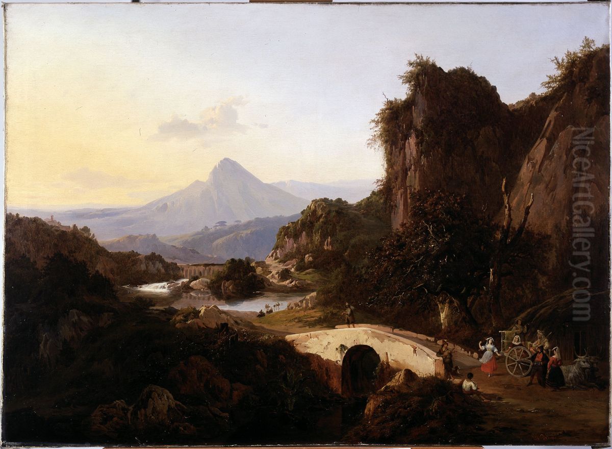 Italian Landscape with Dancing Figures Oil Painting by Edouard De Vigne