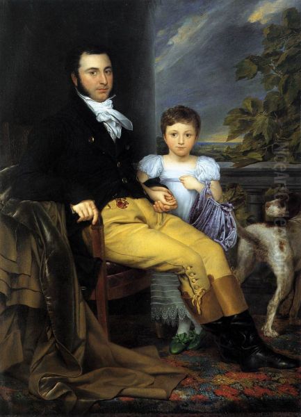 Portrait of a Prominent Gentleman with his Daughter and Hunting Dog Oil Painting by Joseph Dionysius Odevaere