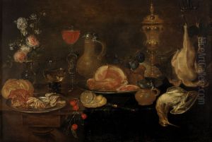 Still life with flowers, ham, game, shellfish and fruit