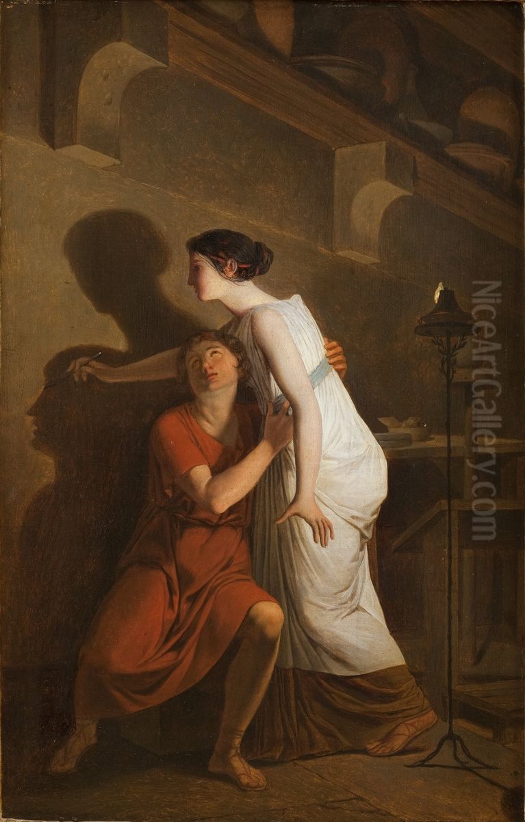 The invention of the art of drawing Oil Painting by Joseph-Benoit Suvee