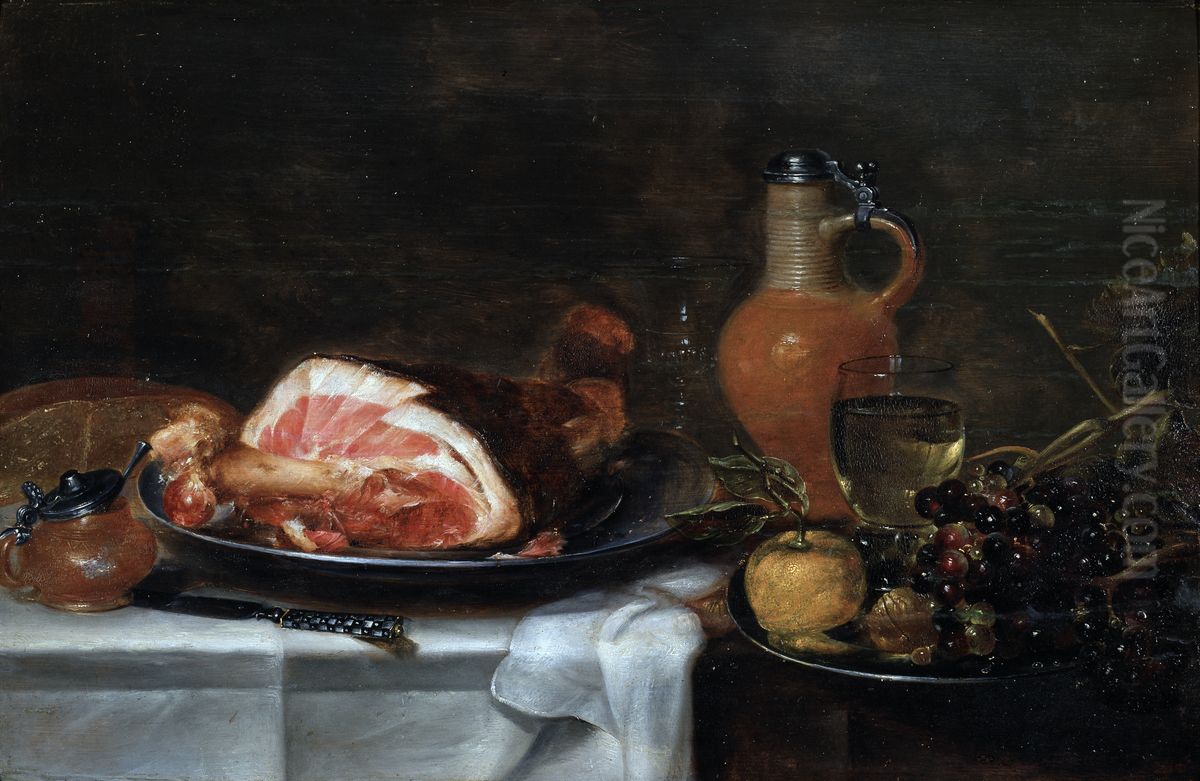 Stilleven van een ham, een kruik, een mosterdpot, een schaal met vruchten en een roemer Oil Painting by Alexander Adriaenssen