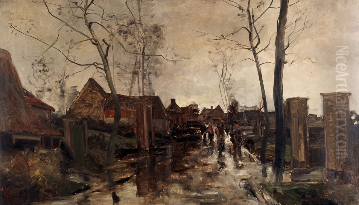 Village Street in the Rain Oil Painting by Gustave Den Duyts