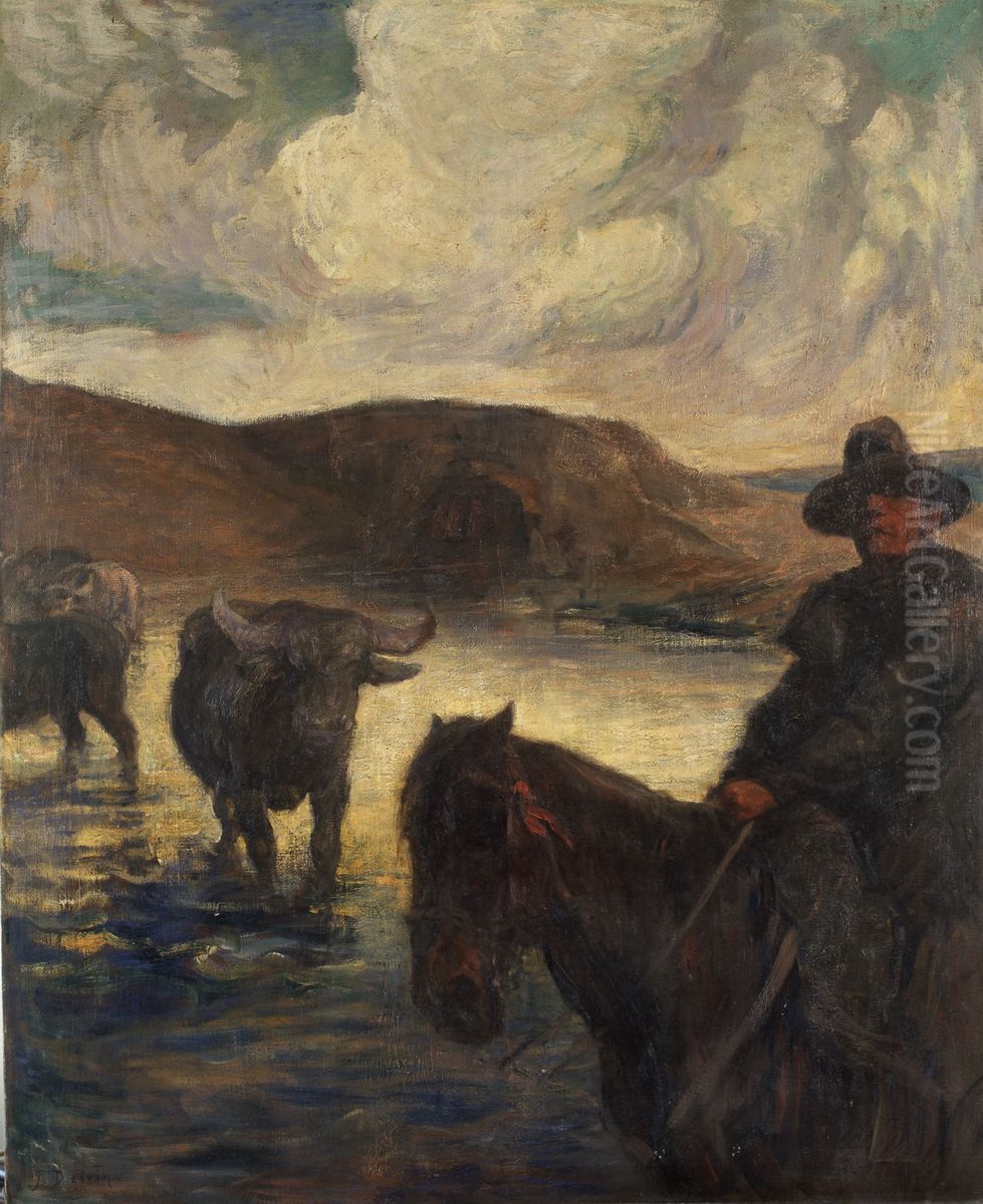 Cattle at the Ford Oil Painting by Jean Delvin