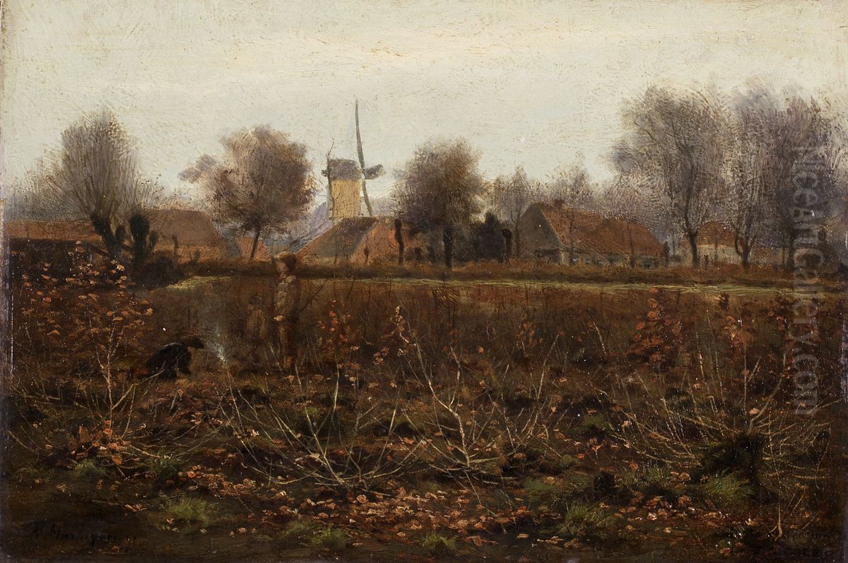 Windmill in Valenciennes Oil Painting by Henri Harpignies