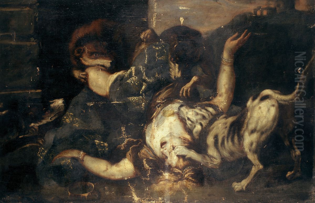 Dogs Devouring Queen Jezebel Oil Painting by Luca Giordano
