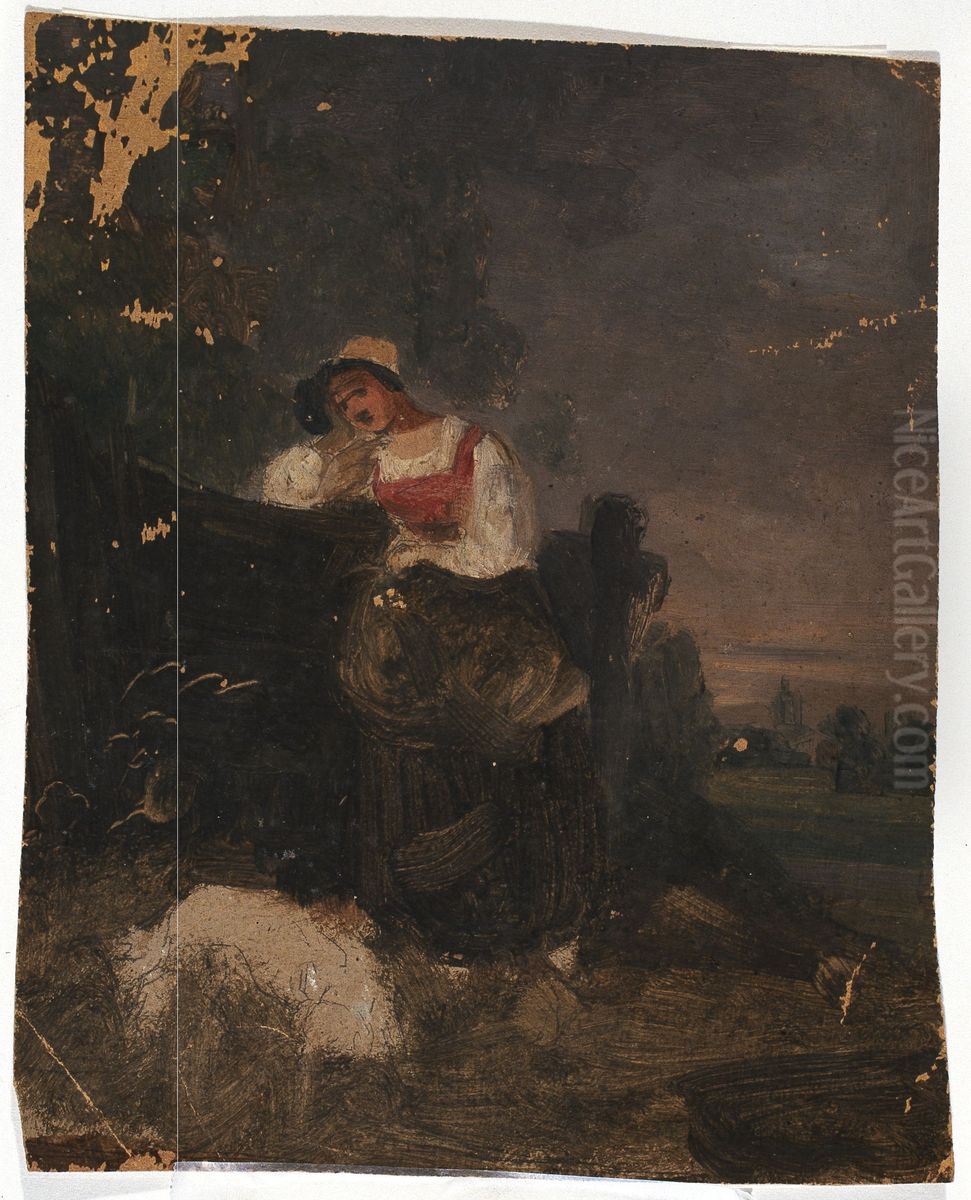 Farmer's Wife Leaning on a Fence (study) Oil Painting by Jozef Geirnaert