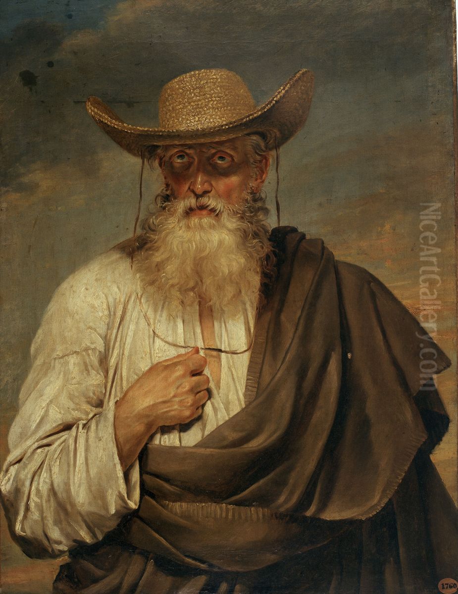 Portrait of an Old Man with a Straw Hat Oil Painting by Joseph Paelinck