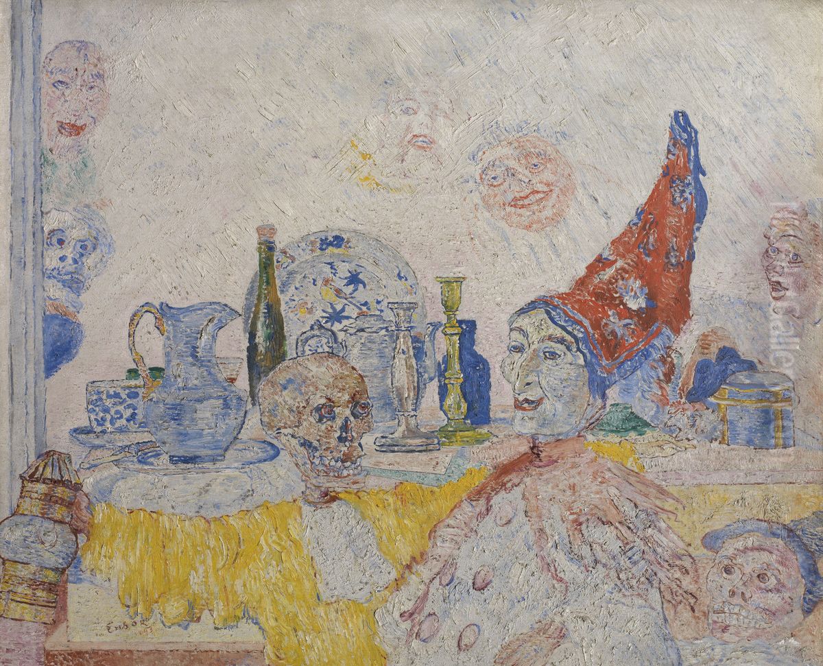 Pierrot and Skeleton in a Yellow Robe Oil Painting by James Ensor