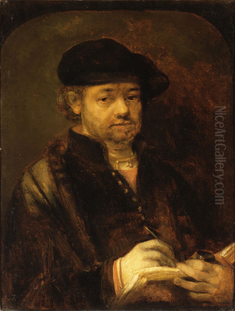 Self-portrait with pen, inkpot and sketchbook Oil Painting by Rembrandt