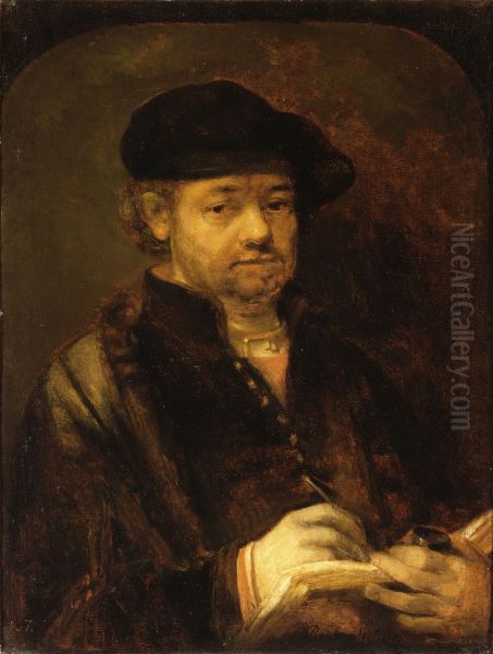 Self-portrait with pen, inkpot and sketchbook Oil Painting by Rembrandt