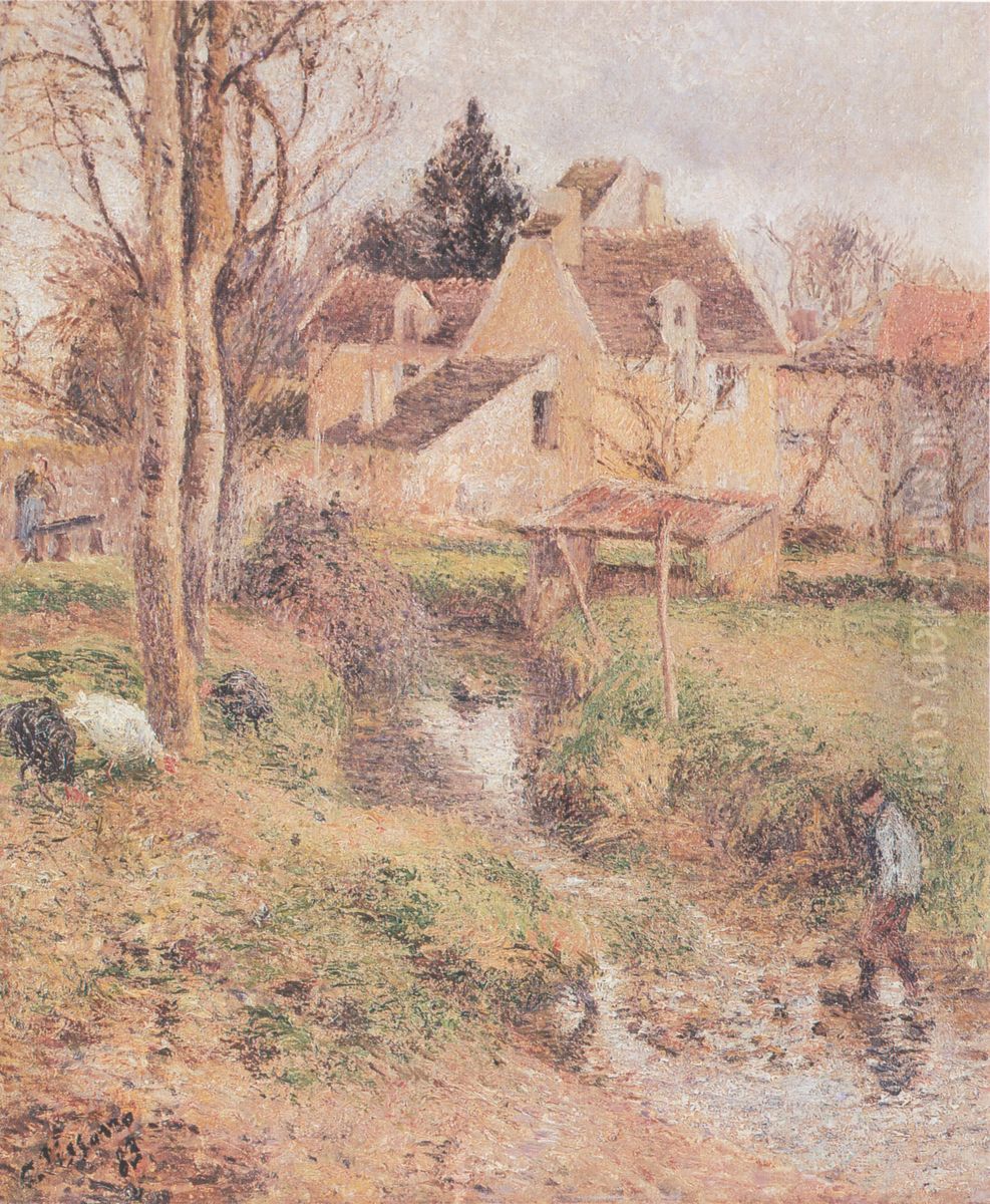 The Busagny Farm and the Viosne at Osny Oil Painting by Camille Pissarro