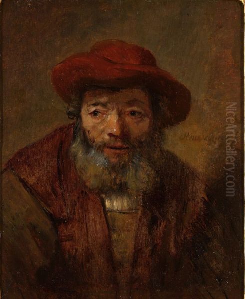 Portrait of an Old Man with a Beard and Red Hat Oil Painting by Rembrandt