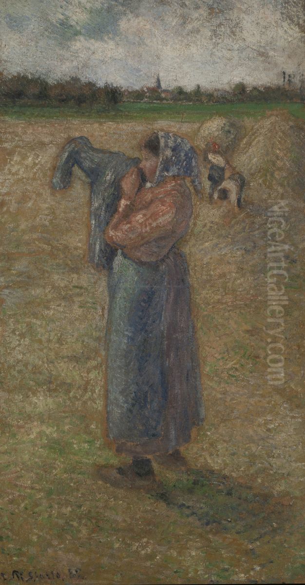Peasant Woman in a Fiels Oil Painting by Camille Pissarro