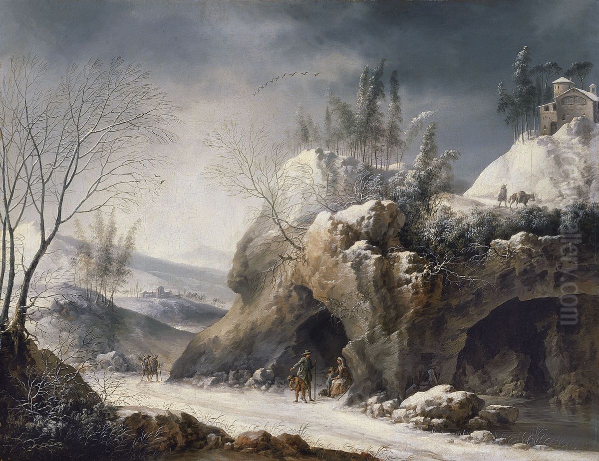 Winter Landscape with a Paseant Family Oil Painting by Francesco Foschi