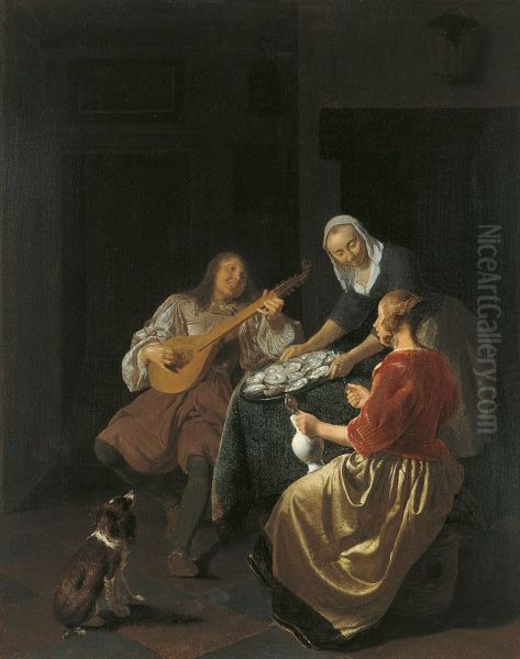 Oyster Eaters Oil Painting by Jacob Ochtervelt