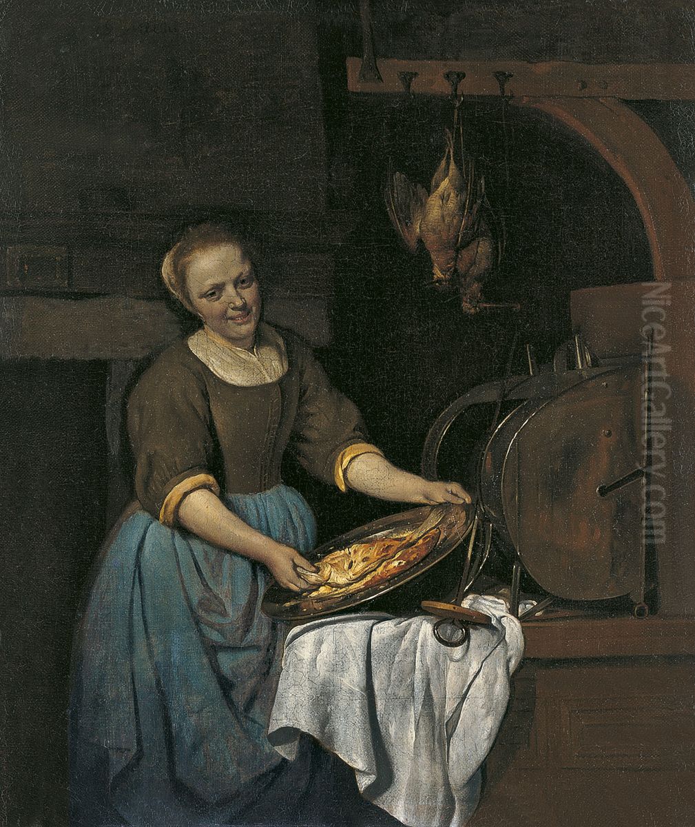 Kitchen maid preparing fish Oil Painting by Gabriel Metsu