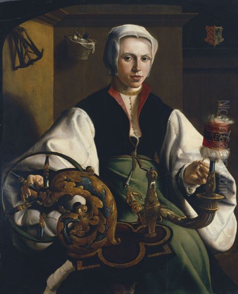 Portrait of a Lady spinning Oil Painting by Maarten Van Heemskerck