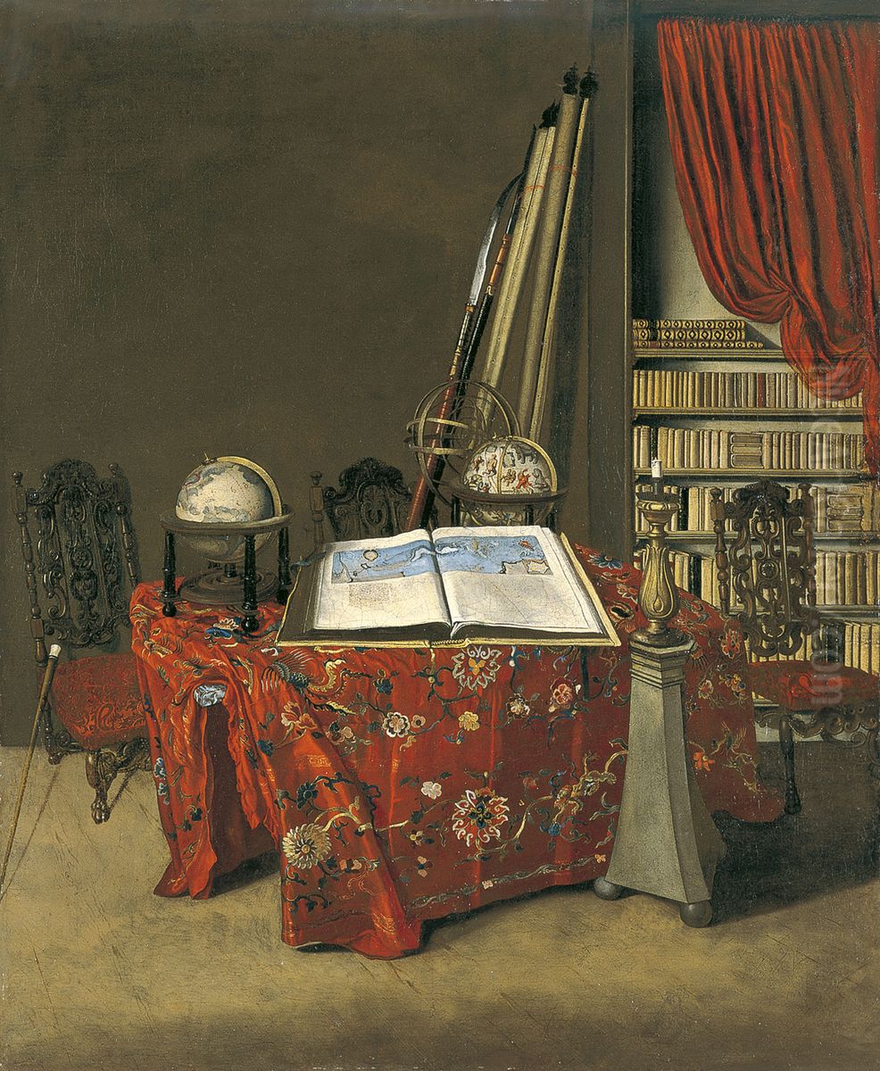 Interieur van een studeerkamer met een openliggende atlas en twee globes Oil Painting by Jan Van Der Heyden