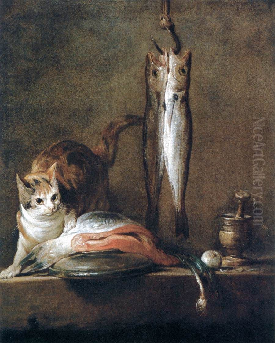 Still Life With Cat and Fish Oil Painting by Jean-Baptiste-Simeon Chardin