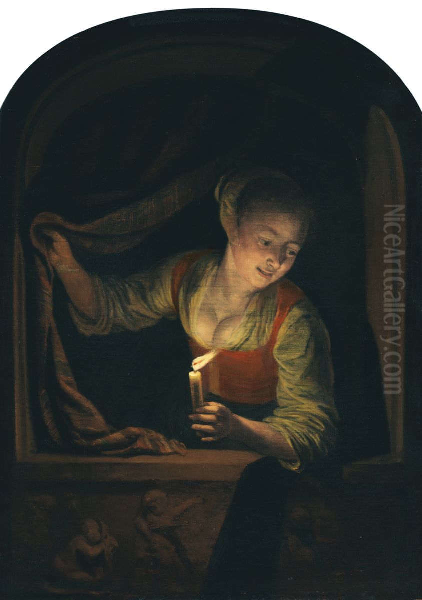 Jonge vrouw met kaars in een venster Oil Painting by Gerrit Dou