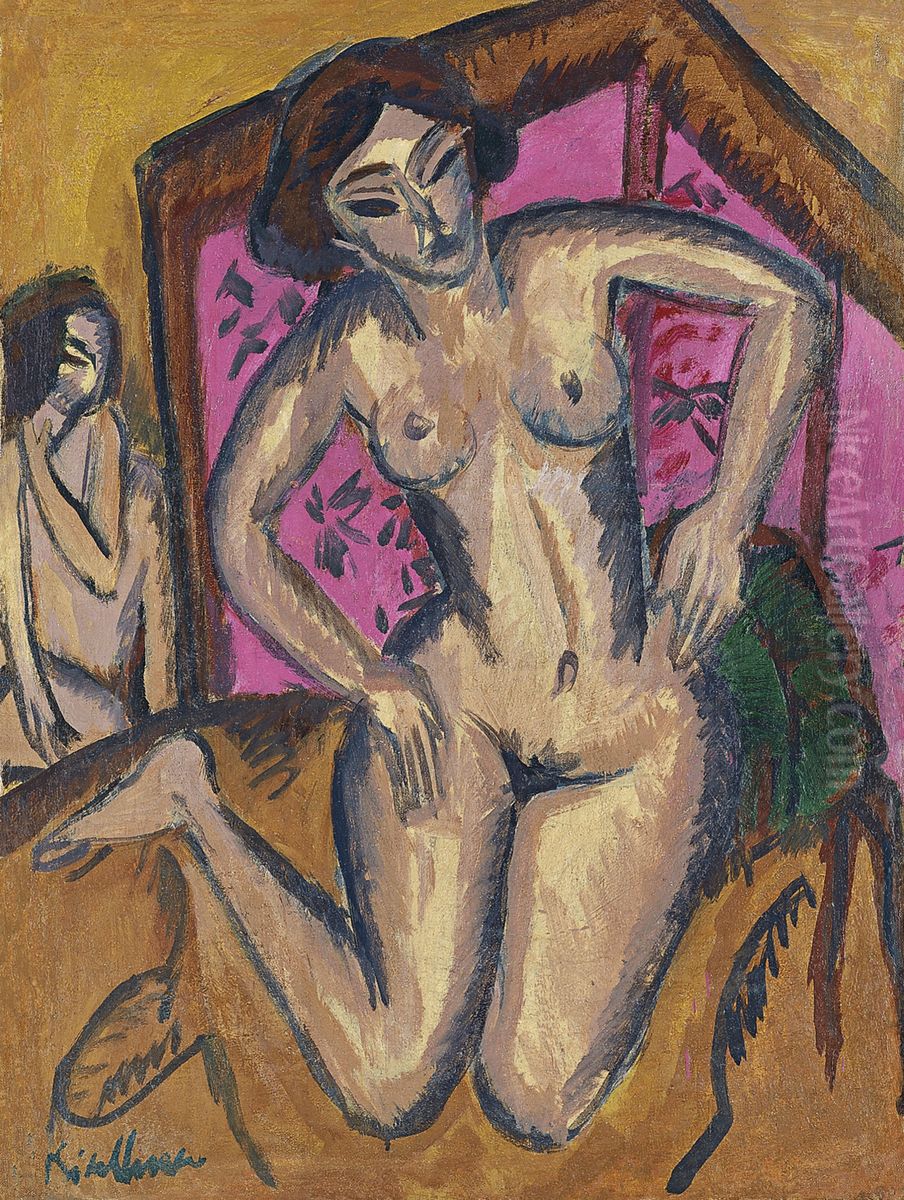 Kneeling Nude in front of Red Screen (verso: Seated Nude with Bent Leg) Oil Painting by Ernst Ludwig Kirchner