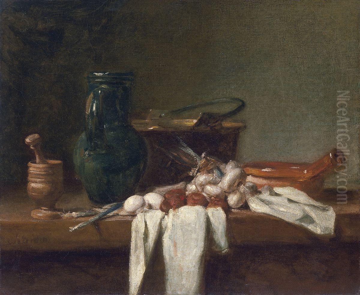 Still Life with Pestle and Mortar, Pitcher and copper Cauldron Oil Painting by Jean-Baptiste-Simeon Chardin Still Life with Pestle and Mortar, Pitcher and copper Cauldron Oil Painting by Jean-Baptiste-Simeon Chardin