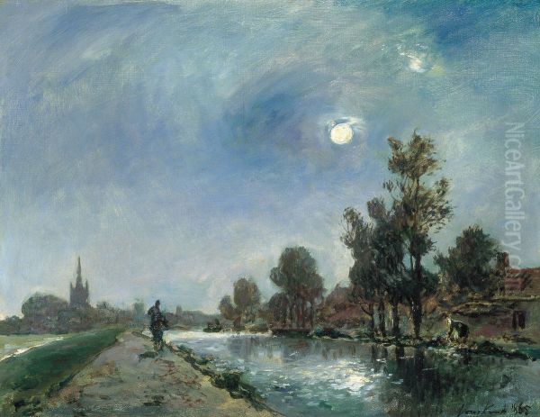 Camino de sirga cerca de Overschie Oil Painting by Johan Jongkind